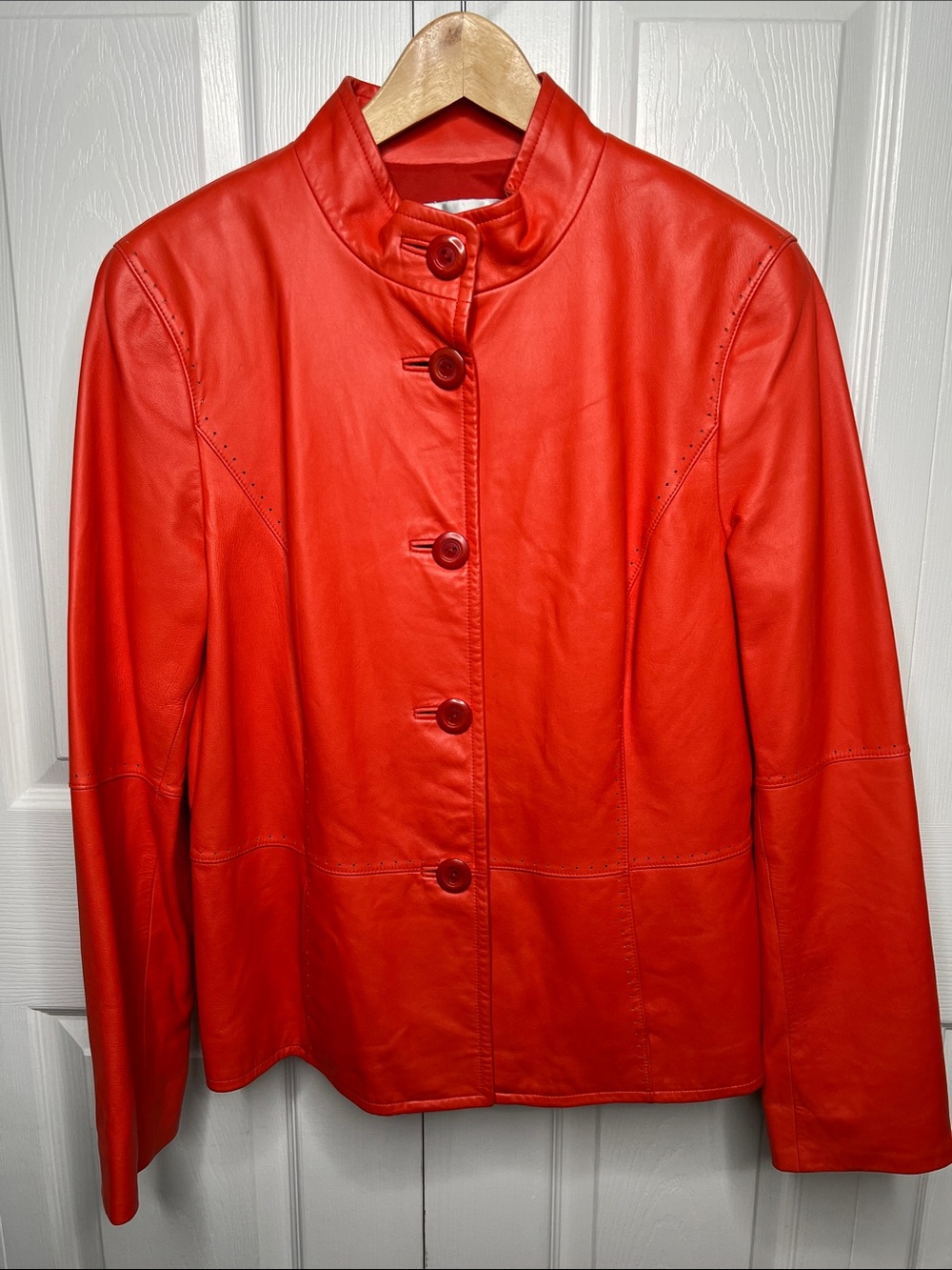Vintage Worth Coral-Red Leather Button-Front Jacket